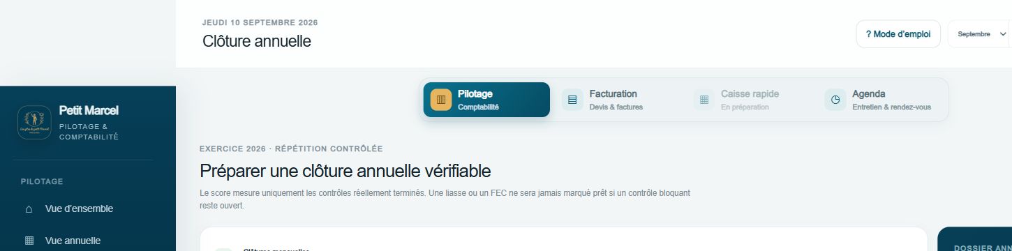 Écran de préparation d’une clôture annuelle dans Pilotage Petit Marcel