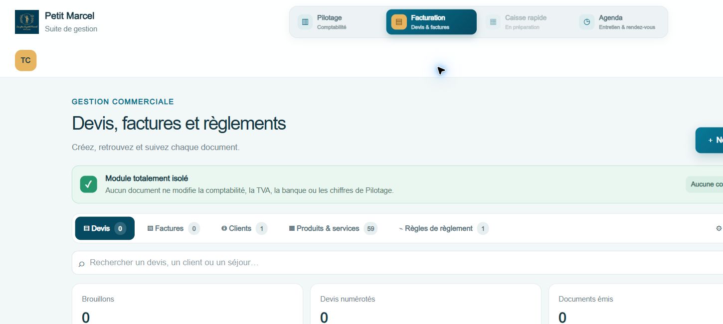 Écran de gestion des devis, factures et règlements